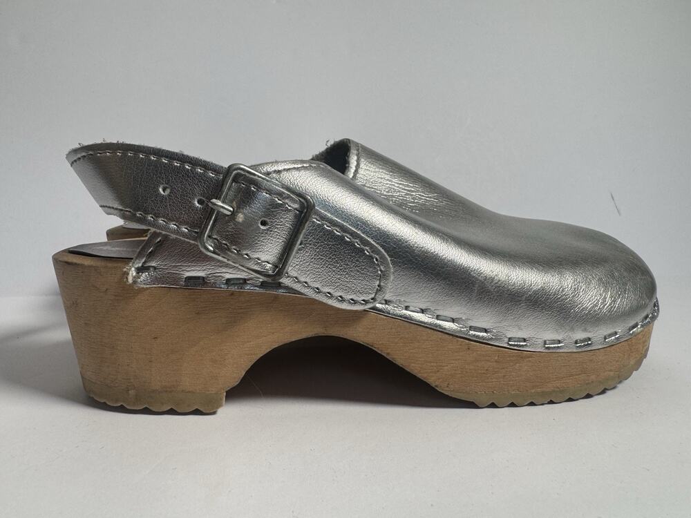 Vollsjo Sweden Silver Leather Wooden Clogs Slingback Mule Shoes EU 37